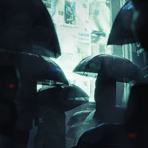 Preview wallpaper silhouettes, umbrellas, rain, screen, dark