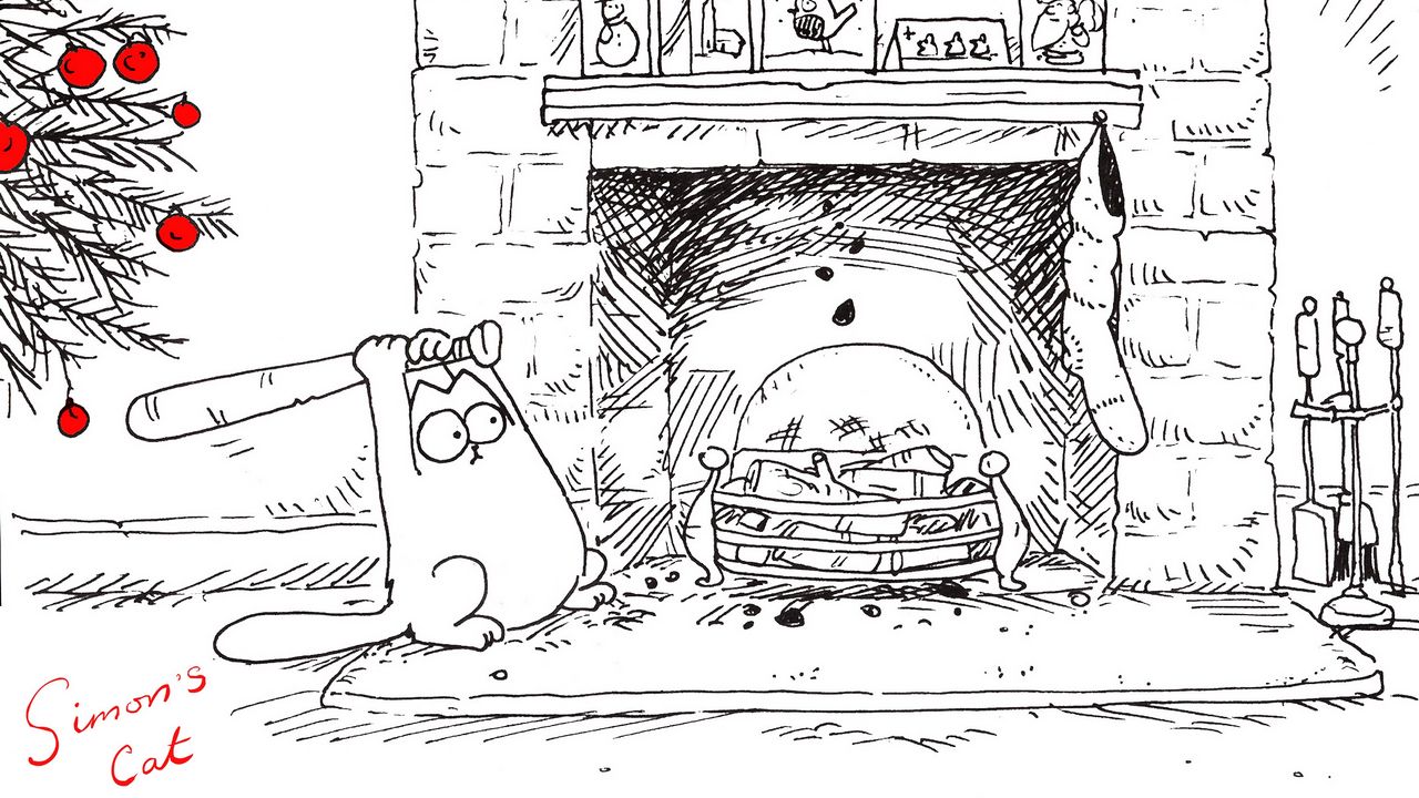 Wallpaper simons cat, cat simon, animation, new year, fireplace