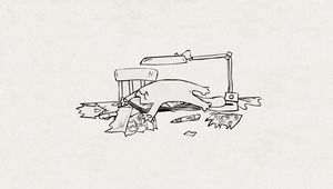 Preview wallpaper simons cat, cat, table, chair, lamp, pen, paper, scraps, drawing