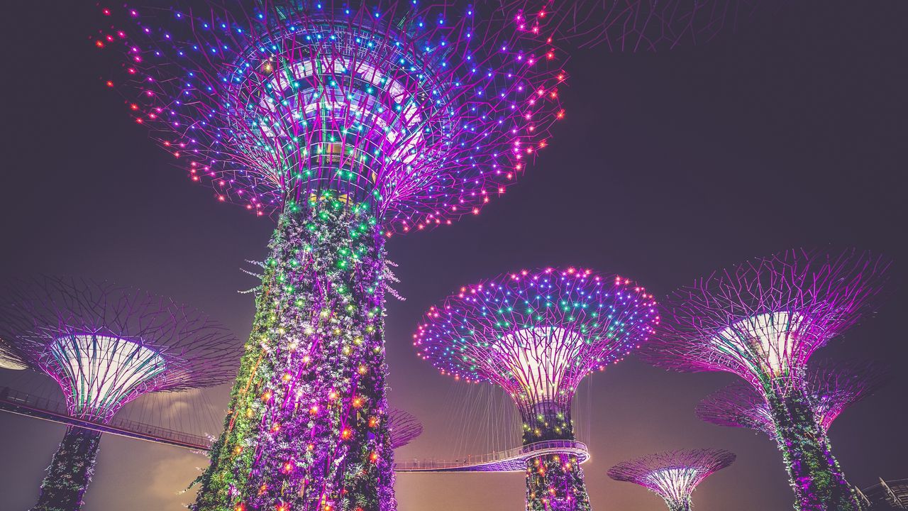Wallpaper singapore, artificial trees, lighting, decoration, city