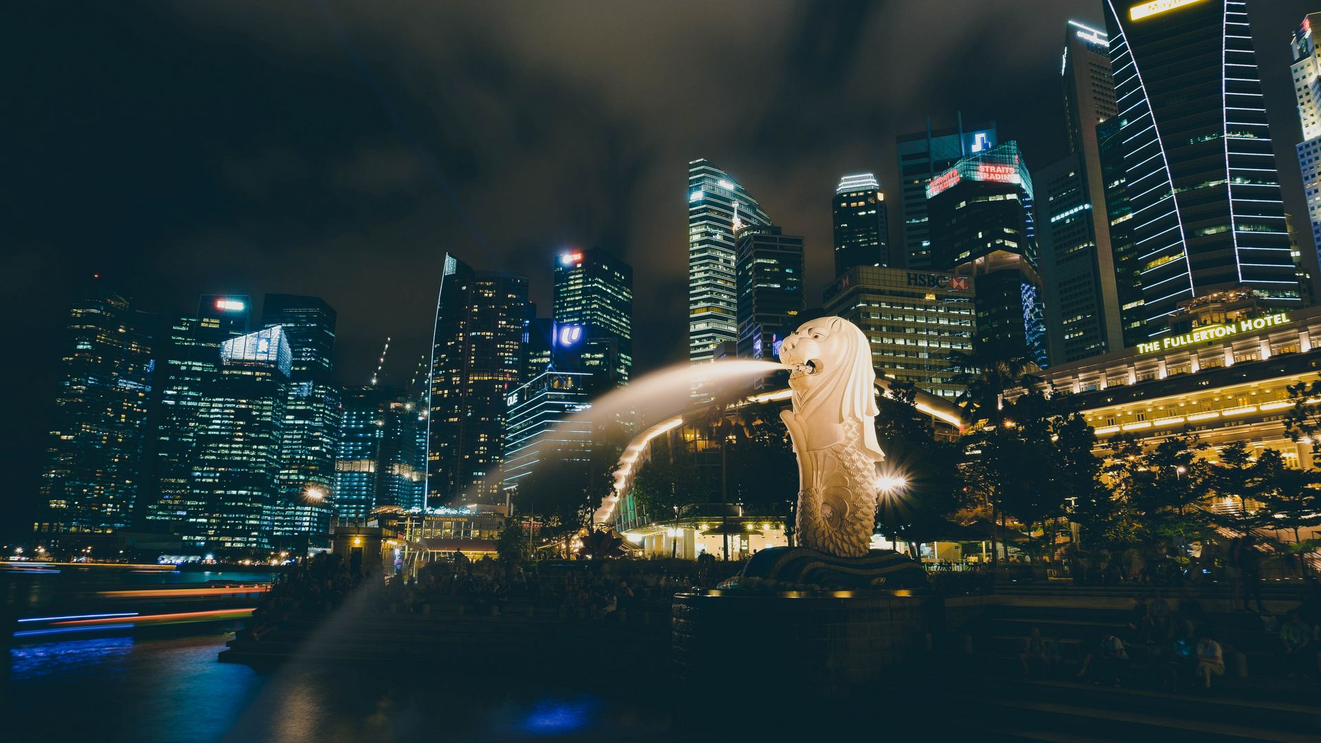 Download wallpaper 1920x1080 singapore, fountain, skyscrapers full hd,  hdtv, fhd, 1080p hd background