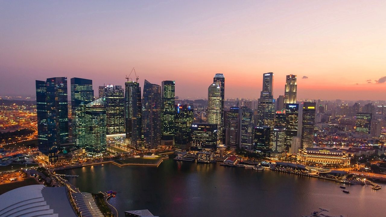 Wallpaper singapore, sunset, river, buildings, skyscrapers