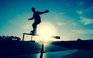 Preview wallpaper skate, board, athlete, railings, motion, silhouette, ice rink