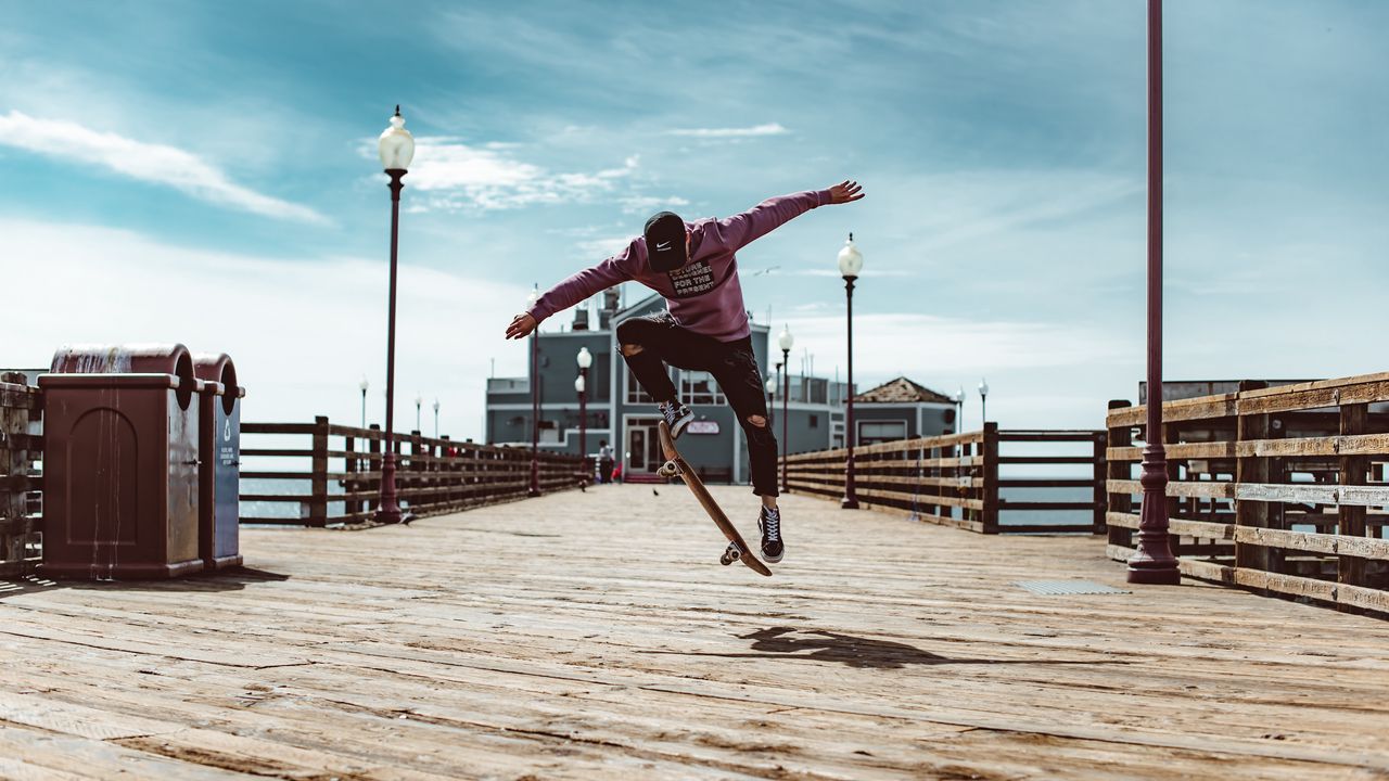 Wallpaper skate, jump, trick, extreme, skateboarder, pier, flooring