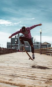 Preview wallpaper skate, jump, trick, extreme, skateboarder, pier, flooring