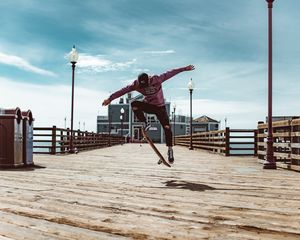 Preview wallpaper skate, jump, trick, extreme, skateboarder, pier, flooring