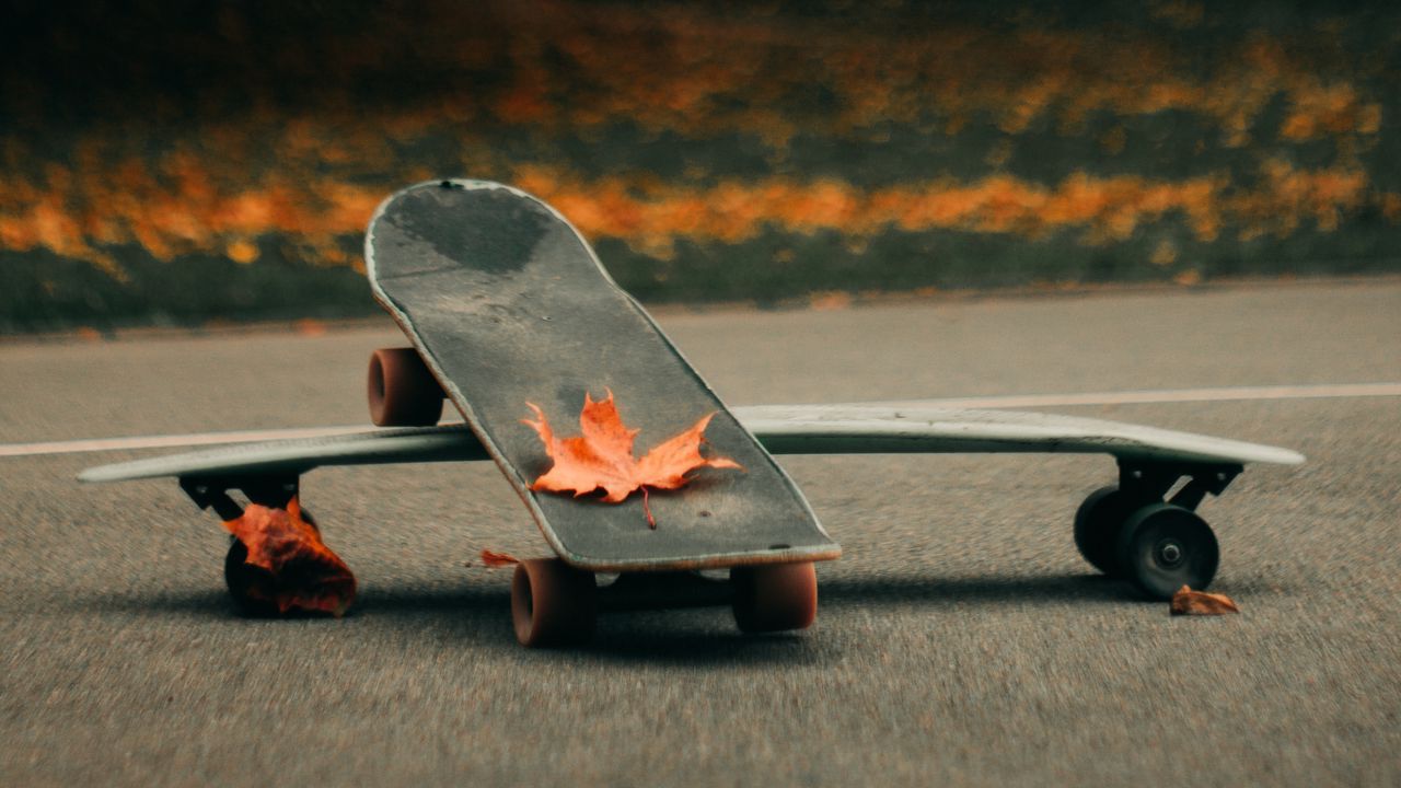 Wallpaper skate, skateboard, asphalt, leaves, autumn