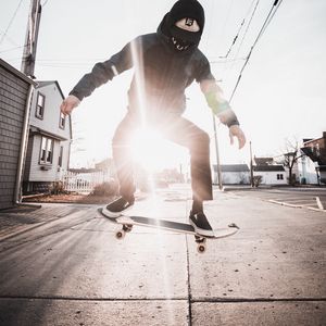 Preview wallpaper skate, skateboarder, skateboarding, street, beam