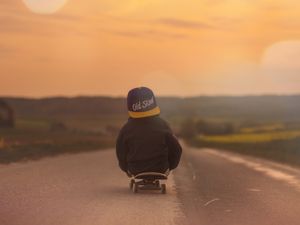 Preview wallpaper skateboard, child, fog