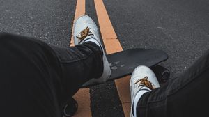 Preview wallpaper skateboard, legs, asphalt, marking