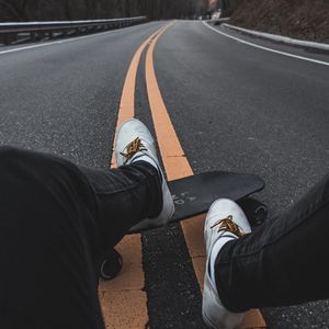 Preview wallpaper skateboard, legs, asphalt, marking