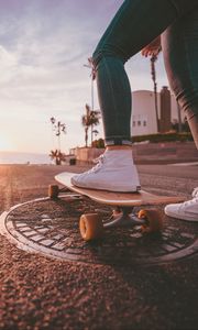 Preview wallpaper skateboard, legs, sneakers, summer