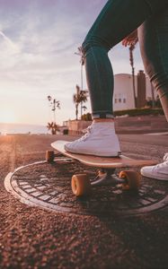 Preview wallpaper skateboard, legs, sneakers, summer