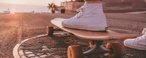 Preview wallpaper skateboard, legs, sneakers, summer