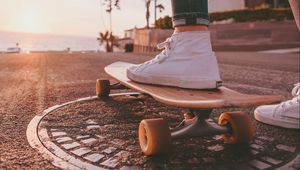 Preview wallpaper skateboard, legs, sneakers, summer