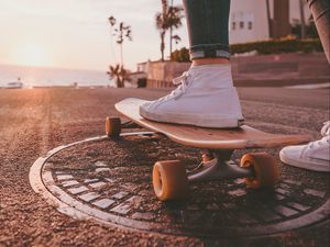 Preview wallpaper skateboard, legs, sneakers, summer