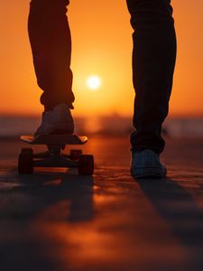 Preview wallpaper skateboard, legs, sunset, light