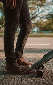 Preview wallpaper skateboard, longboard, legs, boots