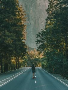 Preview wallpaper skateboard, road, man, trees, skating