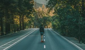 Preview wallpaper skateboard, road, man, trees, skating