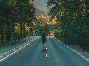 Preview wallpaper skateboard, road, man, trees, skating