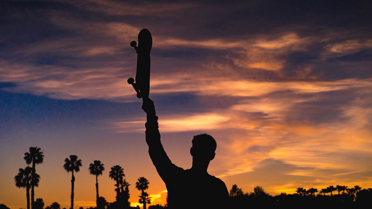 Wallpaper skateboard, silhouette, night