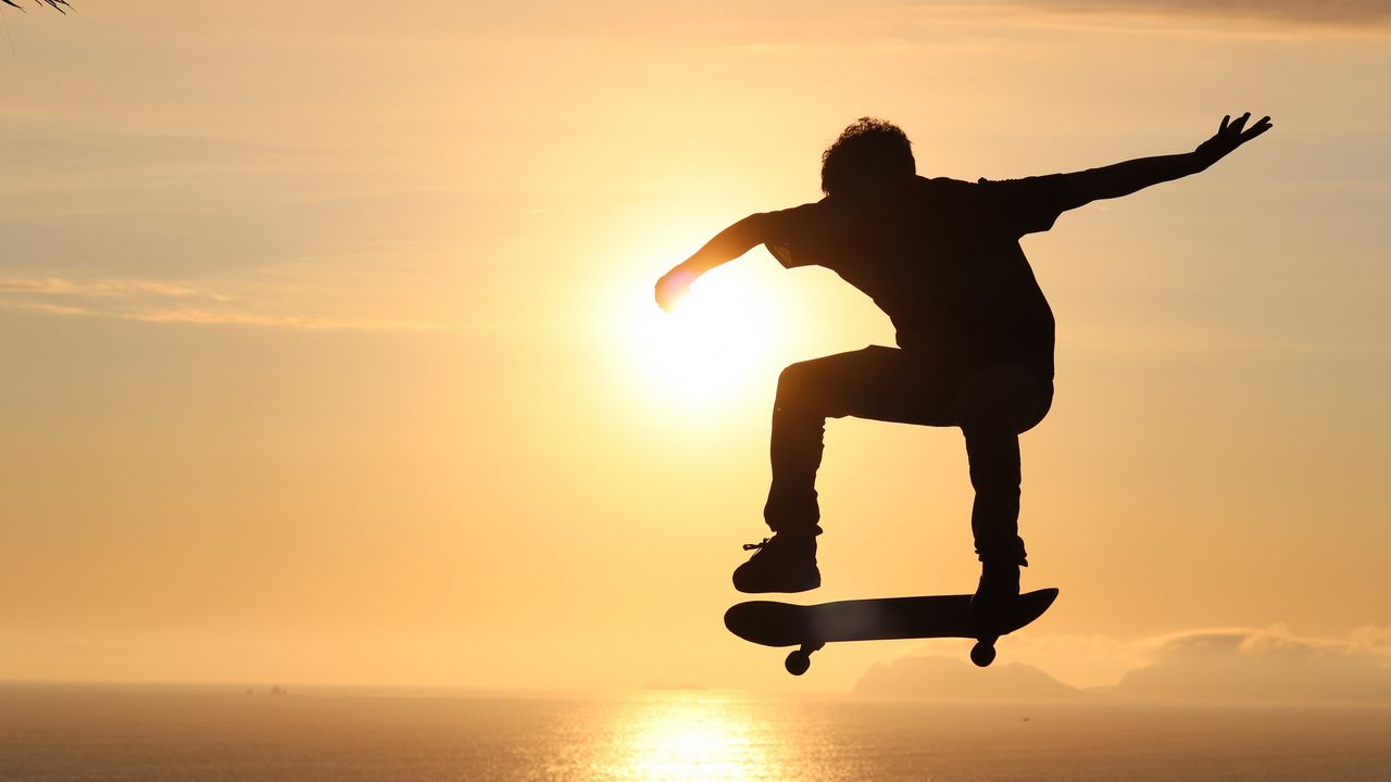 Wallpaper skateboard, skate, skater, trick, silhouette, sunset