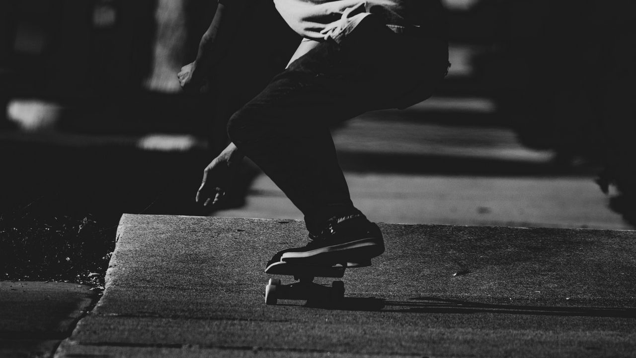 Wallpaper skateboard, skateboarder, bw, dark, asphalt
