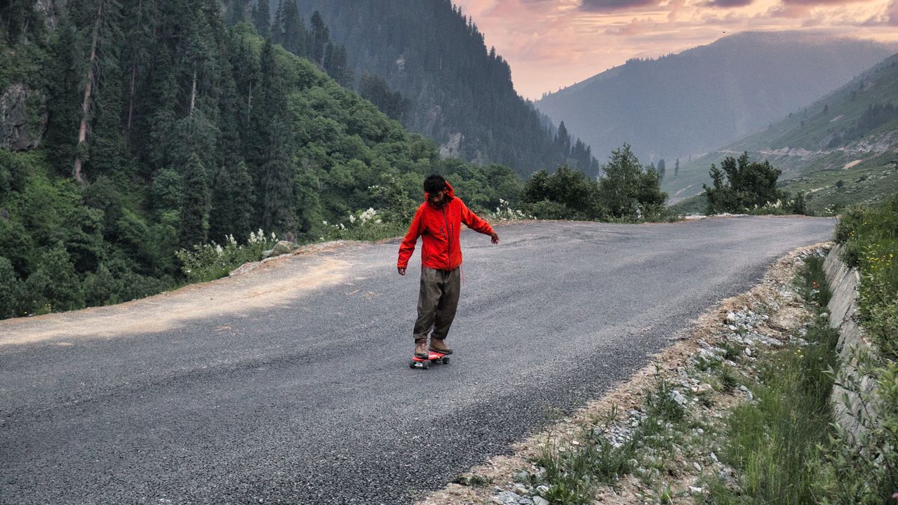 Wallpaper skateboard, skater, road, mountains, trees, nature