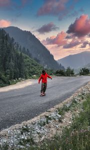 Preview wallpaper skateboard, skater, road, mountains, trees, nature