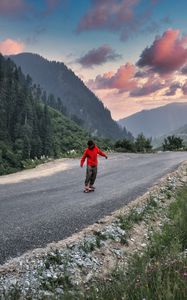 Preview wallpaper skateboard, skater, road, mountains, trees, nature