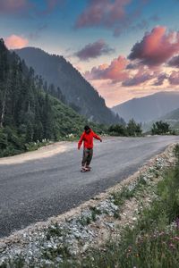 Preview wallpaper skateboard, skater, road, mountains, trees, nature