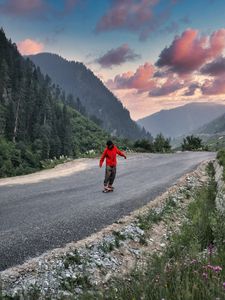 Preview wallpaper skateboard, skater, road, mountains, trees, nature