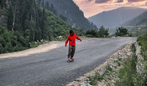 Preview wallpaper skateboard, skater, road, mountains, trees, nature