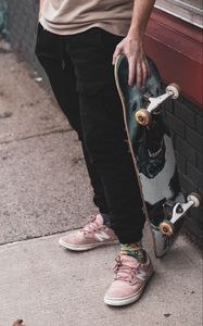 Preview wallpaper skateboard, sneakers, man, arm, legs