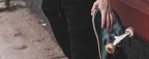 Preview wallpaper skateboard, sneakers, man, arm, legs