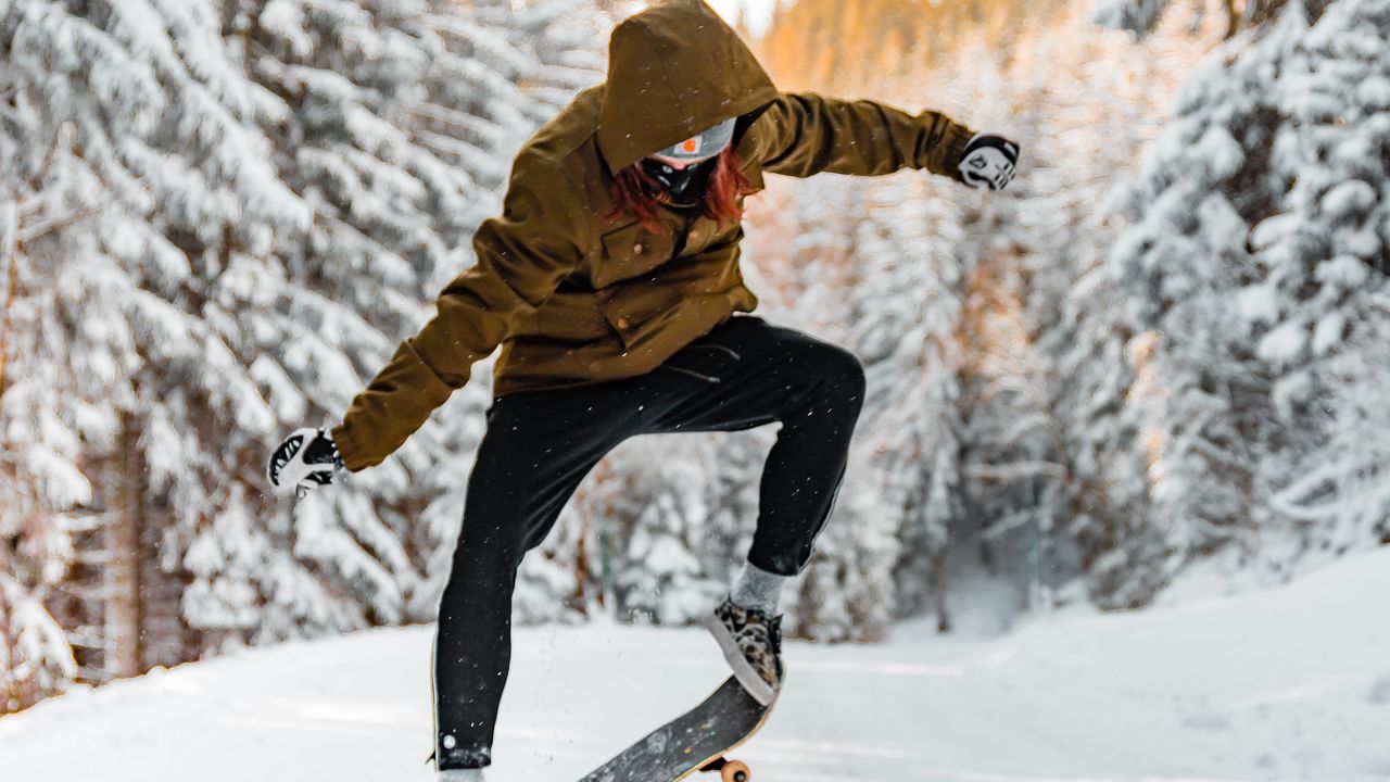 Wallpaper skateboarder, skateboard, jump, trick, snow, winter