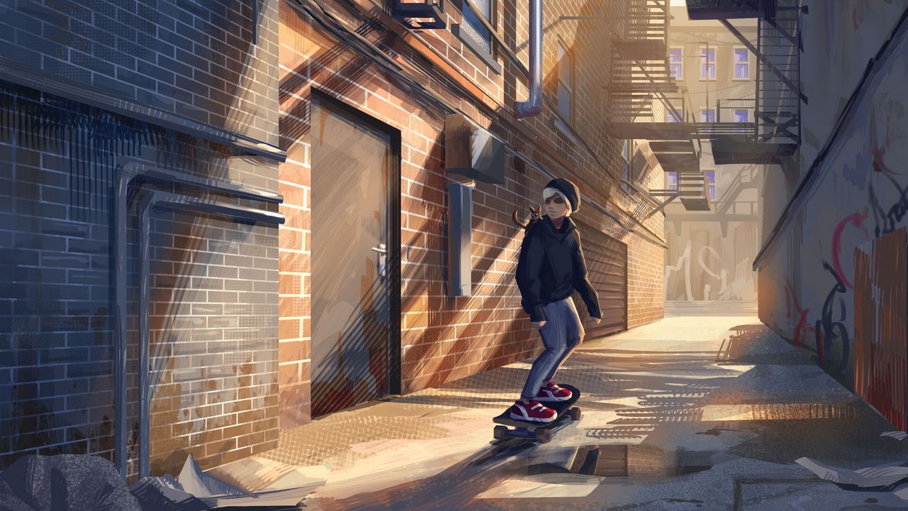 Wallpaper skater, skate, street, lane, art