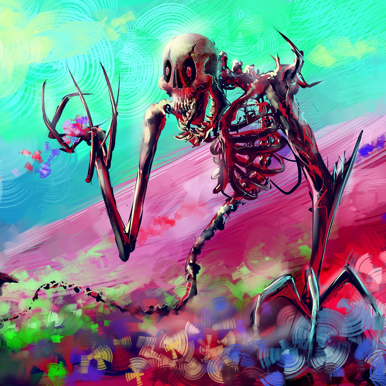 1280x1280 Wallpaper skeleton, art, bright, colorful