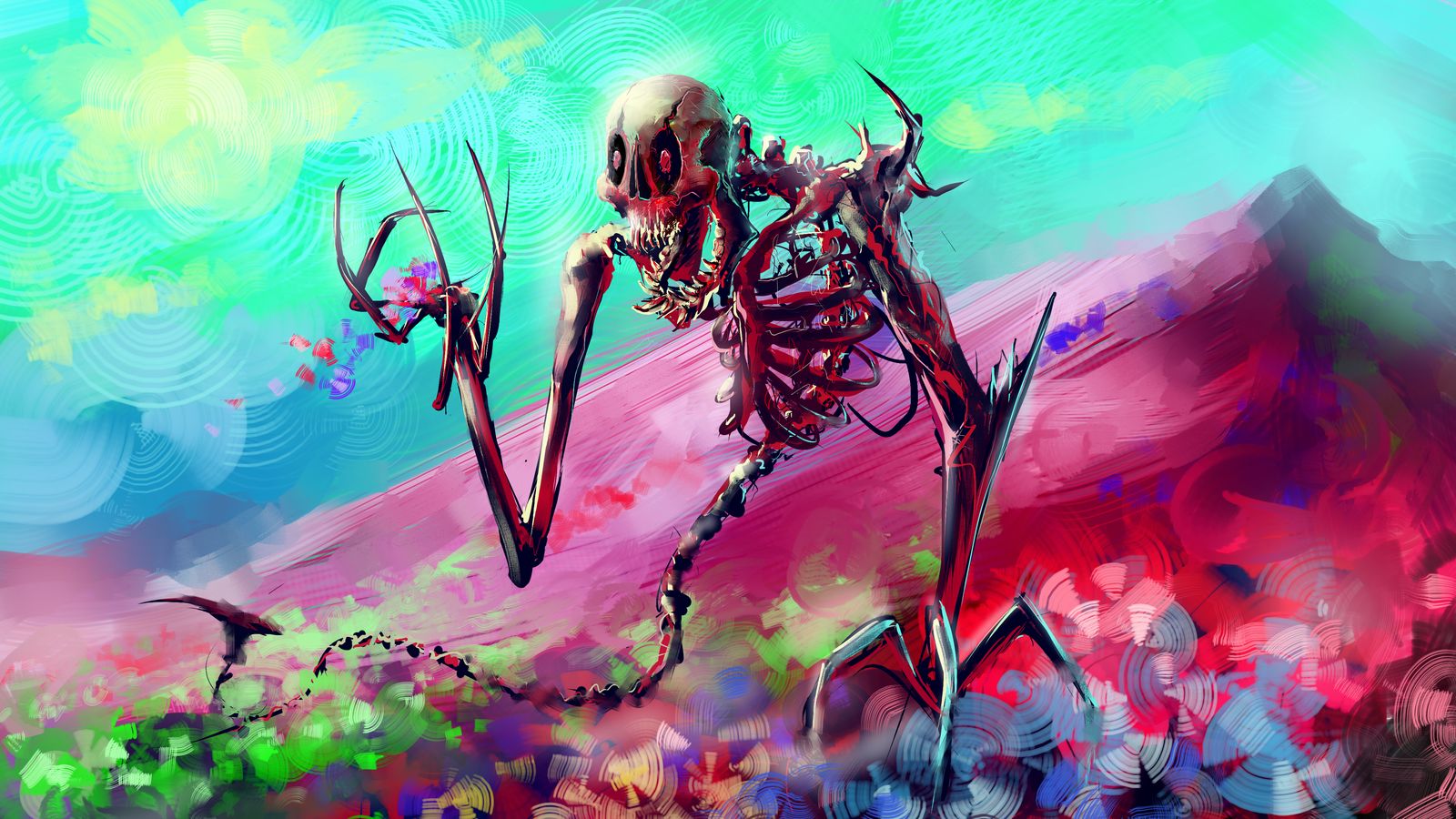 1600x900 Wallpaper skeleton, art, bright, colorful