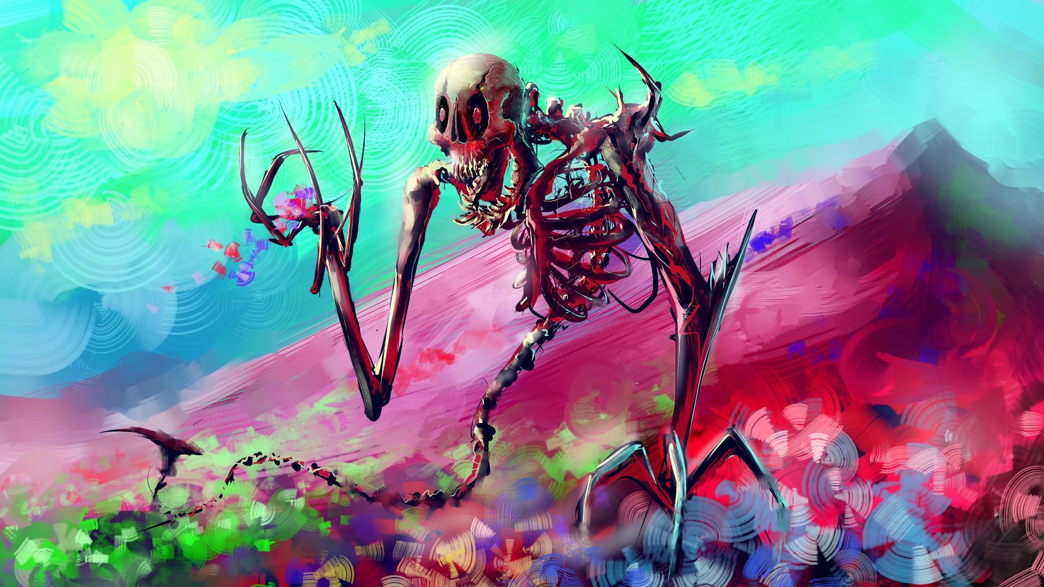 2048x1152 Wallpaper skeleton, art, bright, colorful