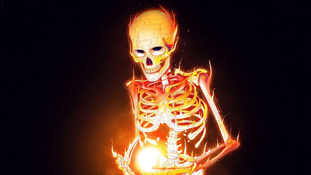 Wallpaper skeleton, bones, fire, art