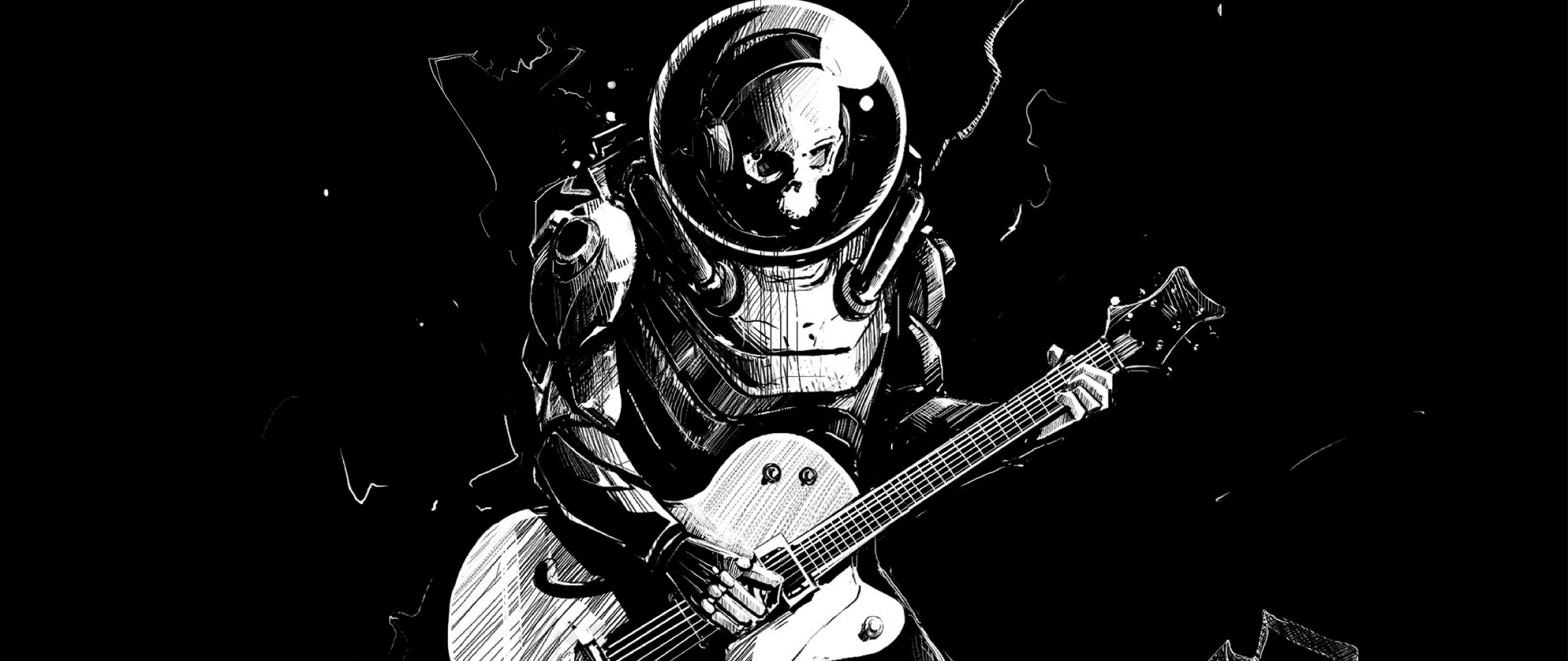 2560x1080 Wallpaper skeleton, guitar, bw, guitarist, spacesuit, art
