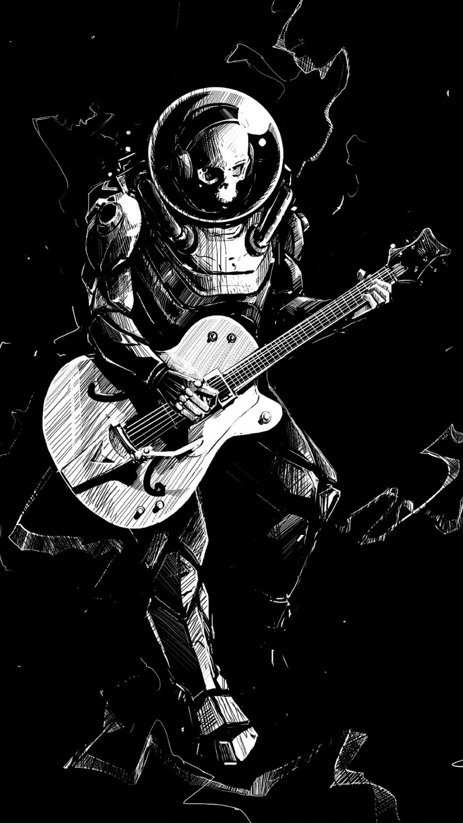 938x1668 Wallpaper skeleton, guitar, bw, guitarist, spacesuit, art