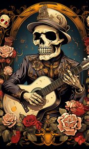 Preview wallpaper skeleton, guitar, frame, flowers, art