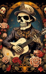 Preview wallpaper skeleton, guitar, frame, flowers, art