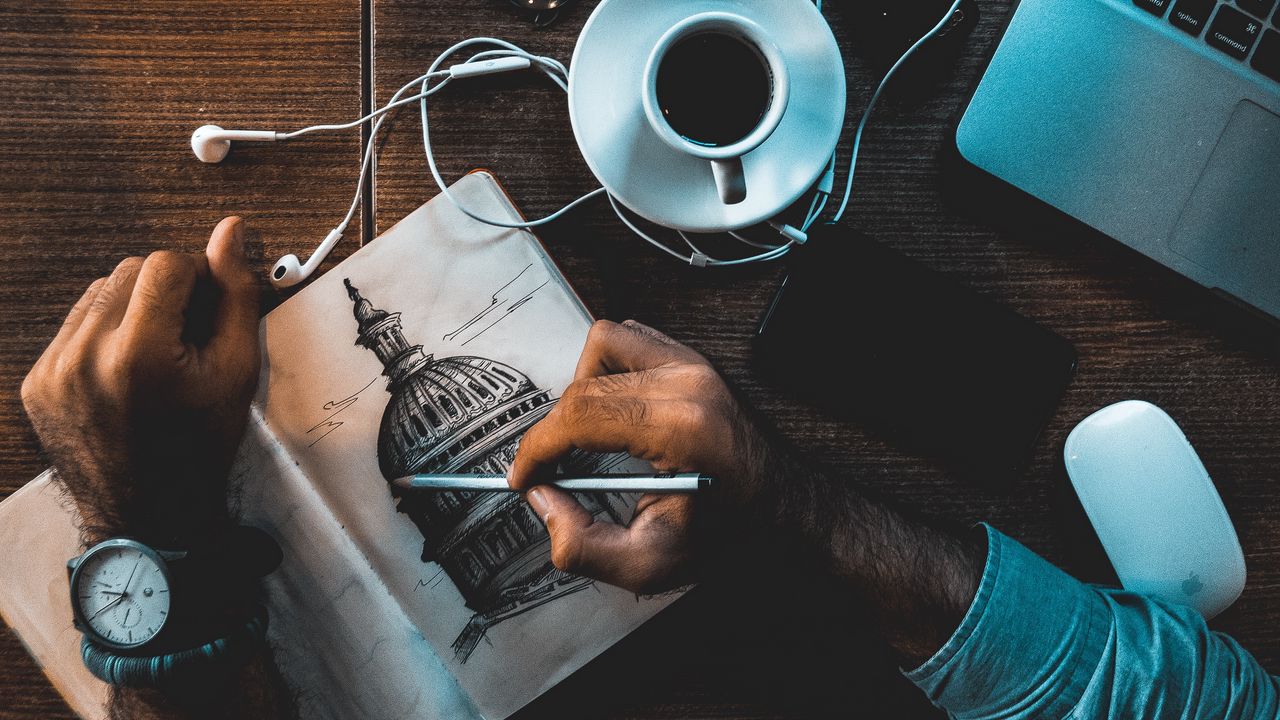 Wallpaper sketch, drawing, headphones, cup, table