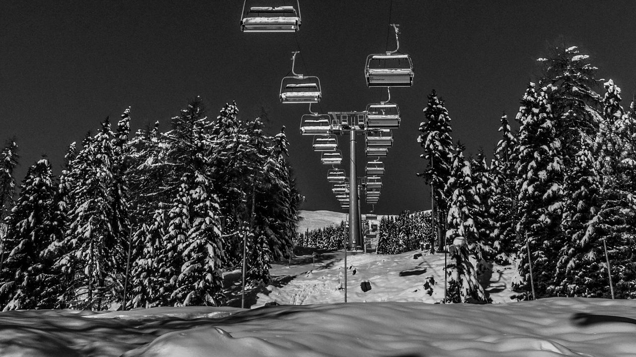 Wallpaper ski lift, winter, bw, snow