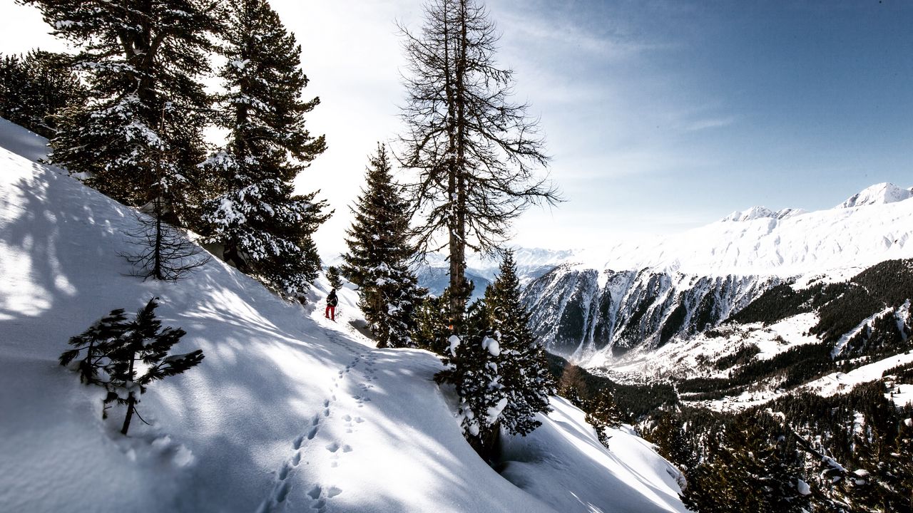 Wallpaper skier, mountains, snow, traces