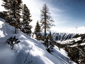 Preview wallpaper skier, mountains, snow, traces